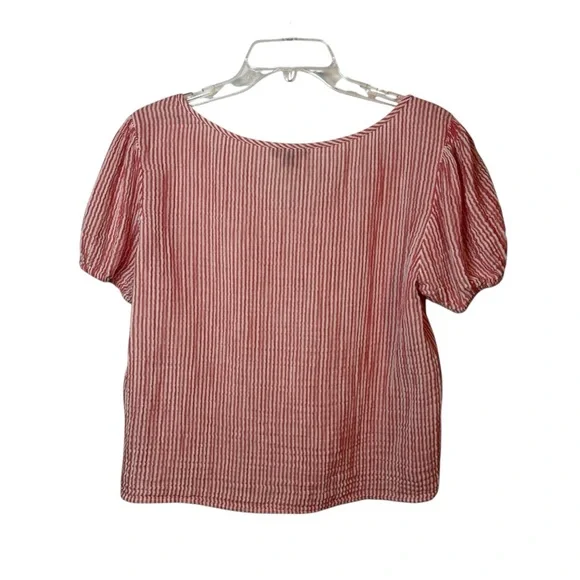 J Crew Puff Sleeve Henley Top Striped Gauze Cotton Red/White Sz M Like New - Picture 6 of 8